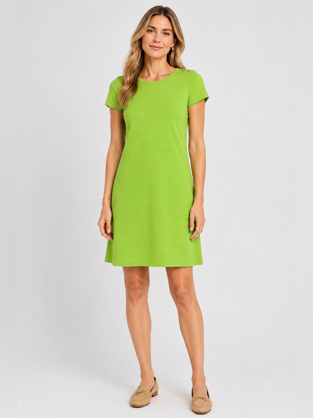 Talbots 100% Cotton Dress XS Lime Green Solid Casual Button Shoulder Detail Top
